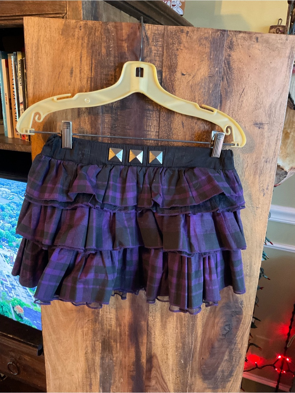 Sweet Love Purple Plaid Ruffle Mini Skirt with Silver front Studs